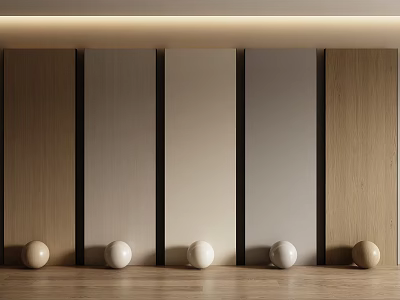 Modern Interior Design With Various Colored Wooden Wall Panels And Decorative Balls 3d model
