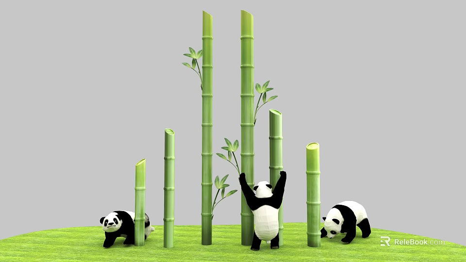 Art Installation Featuring Pandas Playing Around Green Bamboo Stems On Grass 3d model