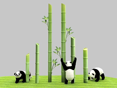 Art Installation Featuring Pandas Playing Around Green Bamboo Stems On Grass 3d model