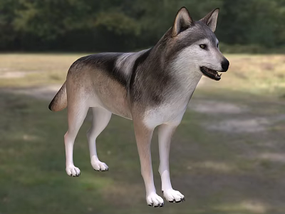 Gray Wolf Standing On Green Grass Field With Trees In Background 3d model