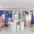 Stylish Beauty Salon Interior With Pink Arches White Sheer Curtains Blue Walls And Pink Furniture