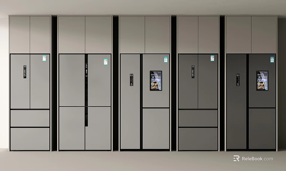 Various Modern Sleek Gray Fridge Freezers With Different Doors And 3d model 