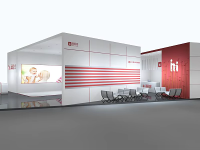 Modern Exhibition Booth Design With White Red Walls Iti Logo And Chairs 3d model