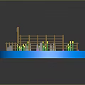 Wooden Boardwalk Structure On Circular Blue Water Platform With Yellow Plants And Stones
