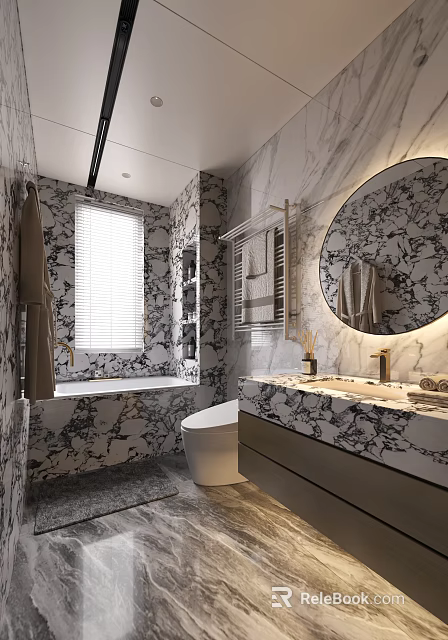 Elegant Modern Bathroom Interior With Marble Walls Round Mirror Bathtub And Vanity Sink 3d model 