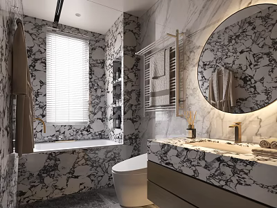 Elegant Modern Bathroom Interior With Marble Walls Round Mirror Bathtub And Vanity Sink 3d model