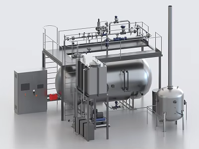 Efficient Industrial Equipment with Stainless Steel Tanks Piping Systems Control Unit and Platform Stairs 3d model