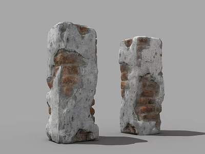 Building Exterior Wall Featuring Stone Pillars With Peeling White Paint And Exposed Red Bricks 3d model