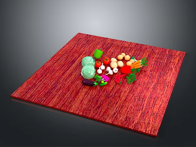 Fresh Assorted Vegetables Displayed on Red Square Mat with Cabbage Mushrooms Carrots and Peppers 3d model