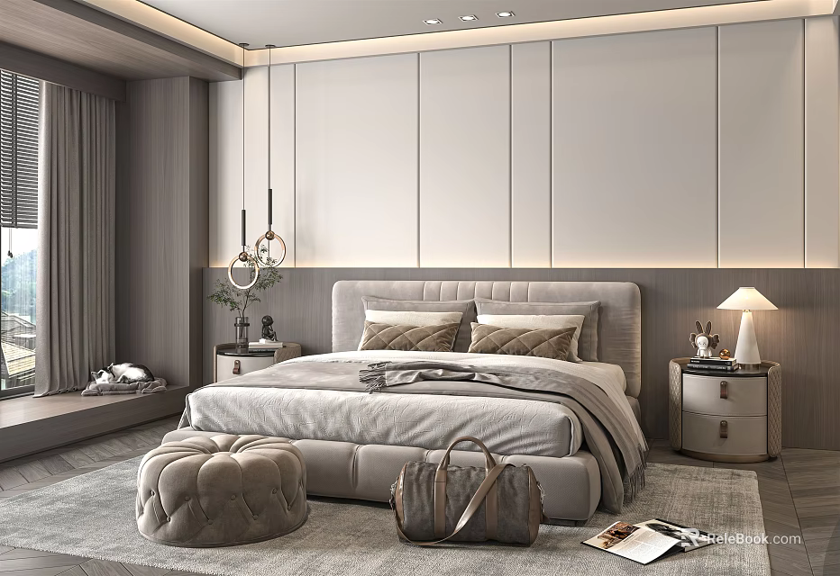 Modern Bedroom Interior Design With Upholstered Headboard Nightstands Pendant Lights Rug And Ottoman 3d model 