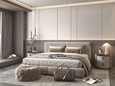 Modern Bedroom Interior Design With Upholstered Headboard Nightstands Pendant Lights Rug And Ottoman 3d model