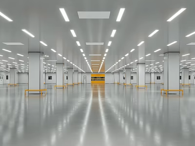 Spacious Bright Industrial Factory Interior High Ceilings White Columns Yellow Strips Sleek Floors Uniform Lighting 3d model
