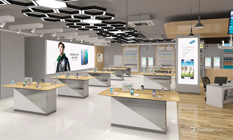 Modern Digital Store Interior With Multiple Display Counters And Samsung Mobile Phones On 3d model