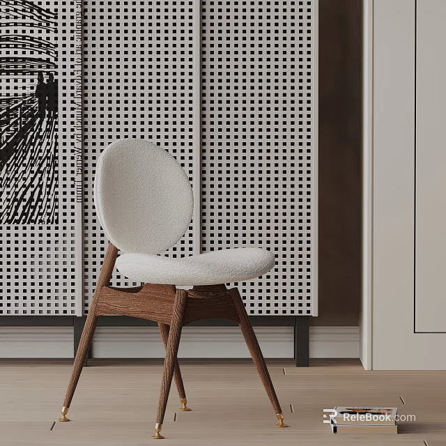White Soft Leisure Chair With Wooden Legs In Modern Interior With Perforated Screen Background 3d model 