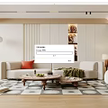 Modern Living Room With Beige Sofa Orange Pillow Green Blanket Coffee Table And Patterned Rug