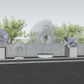 Modern Landscape Sculptures Featuring Spiral Fan Shaped And Geometric Designs With Trees And Stone Wall