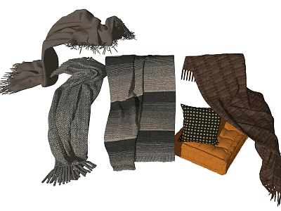 Stylish Scarves In Gray Brown Tones With Striped Pattern And Decorative Throw Pillow 3d model