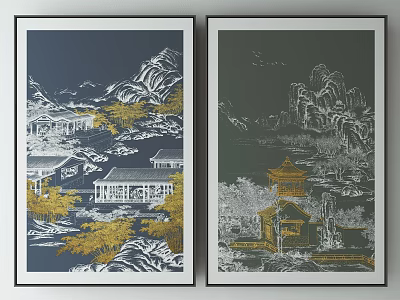 Traditional Chinese Ink Landscape Prints With Pavilion Trees And Blue Green Tones 3d model