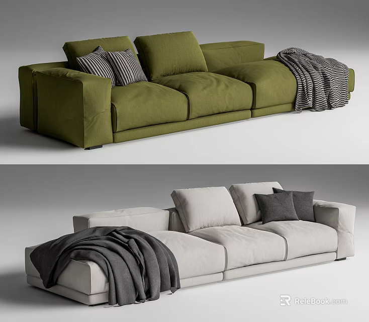 Green and Beige Sectional Sofas with Throw Pillows and Cozy Blanket 3d model