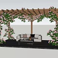 Wooden Pergola Covered With Pink Flowers And White Sofa On Wooden Deck