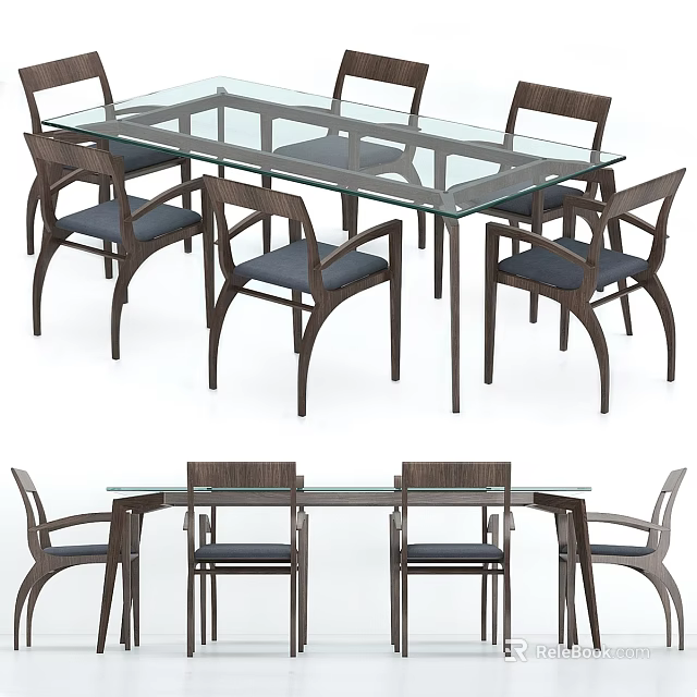 Modern Dining Table and Chairs Set with Glass Top Wooden Frame and Blue Cushions 3d model 