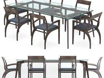 Modern Dining Table and Chairs Set with Glass Top Wooden Frame and Blue Cushions 3d model