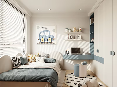 Modern Kids Room Interior With Bed Desk Car Wall Art Storage And Toys 3d model