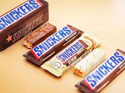 Snickers Chocolate Bars With Original And White Chocolate Flavors In Wrappers 3d model
