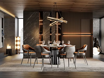 Elegant Modern Dining Room Interior With Geometric Chandelier Round Table And Leather Chairs 3d model