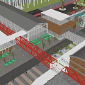Modern Commercial Street With Red Pedestrian Bridges Green Roofs And Outdoor Seating