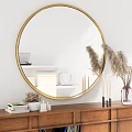 Round Gold Frame Mirror Decorative Wall Art With Wooden Cabinet Candles And Pampas Grass
