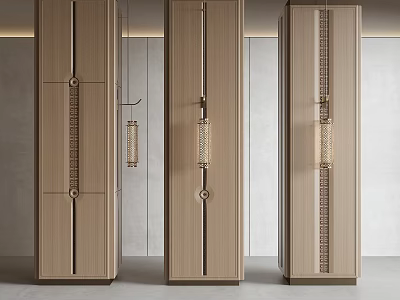 Three Modern Wooden Columns With Decorative Texture And Elegant Interior Design 3d model