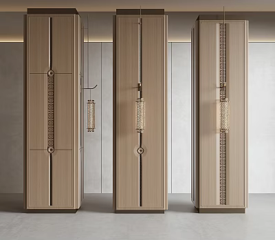 Three Modern Wooden Columns With Decorative Texture And Elegant Interior Design 3d model