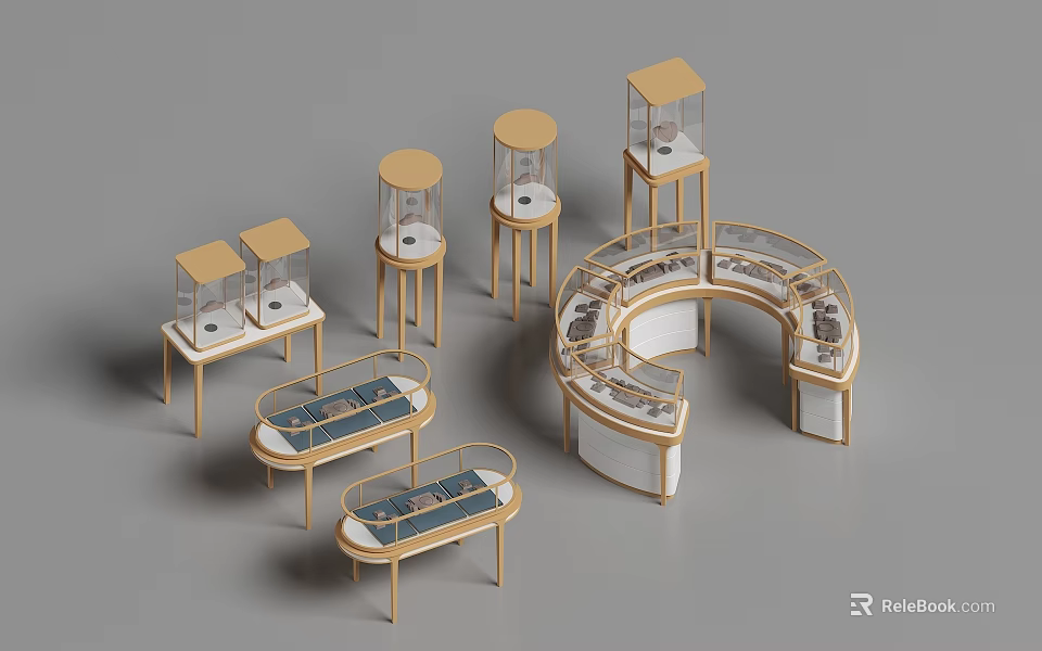 Modern Jewelry Display Cabinets With Circular Glass Cases Golden Frames And Stylish Design 3d model 