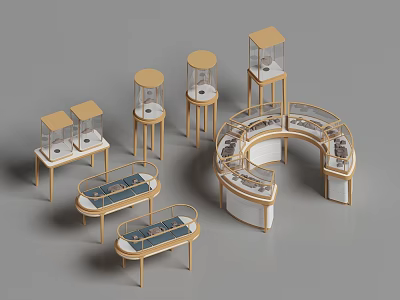 Modern Jewelry Display Cabinets With Circular Glass Cases Golden Frames And Stylish Design 3d model