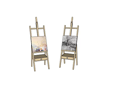 Wooden Art Easels Displaying Colorful And Black White Paintings As Drawing Tools 3d model