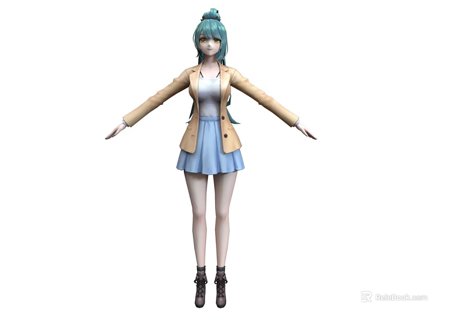 Woman with teal hair wearing beige coat white top blue skirt black boots arms outstretched 3d model 