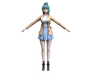 Woman with teal hair wearing beige coat white top blue skirt black boots arms outstretched 3d model