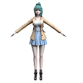 Woman with teal hair wearing beige coat white top blue skirt black boots arms outstretched