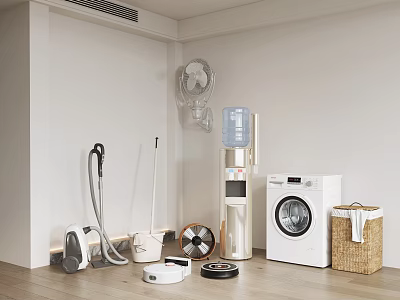 Smart Home Machines In Room Corner Including Robot Vacuum Washing Machine Fan And Water Dispenser 3d model