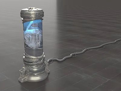 Ornate Silver Column With Decorative Base Displaying Mechanical Creature In Blue Transparent Section 3d model