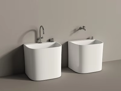 Modern White Ceramic Bathroom Sinks With Wall Mounted Faucets Design 3d model