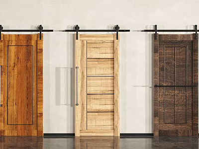 Three Different Wooden Barn Doors With Black Sliding Hardware On White Wall 3d model