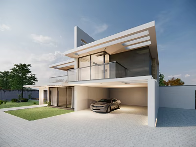 Modern Detached Villa Exterior With Garage Car Parked Lawn And Trees 3d model