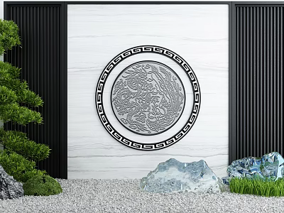 Chinese Style Feature Wall with Circular Relief Carving Black Border Green Plants and Stones 3d model