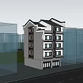 Multi Storey Modern Chinese Style Building With Gray White Exterior Wooden Decorations And Street Trees
