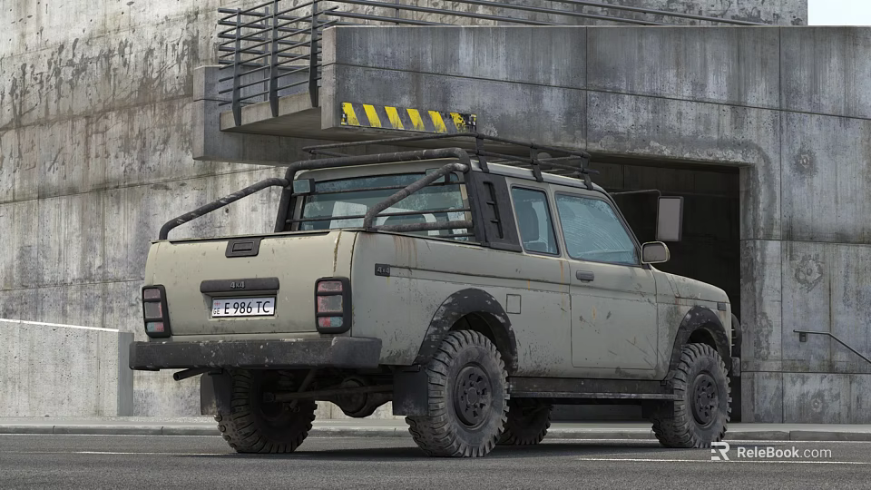 Light Gray Off Road Pickup Truck with Roof Rack Large Tires Parked by Concrete Building 3d model 