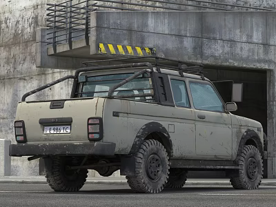 Light Gray Off Road Pickup Truck with Roof Rack Large Tires Parked by Concrete Building 3d model