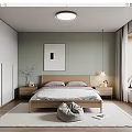 Modern Bedroom Interior With Green Walls White Wardrobes And Wooden Bed Frame