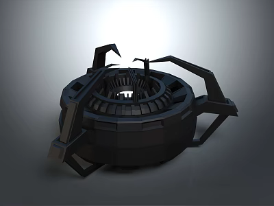 Futuristic Mechanical Landscape With Black Circular Structure Metal Arms Grey Background And Overhead Lighting 3d model